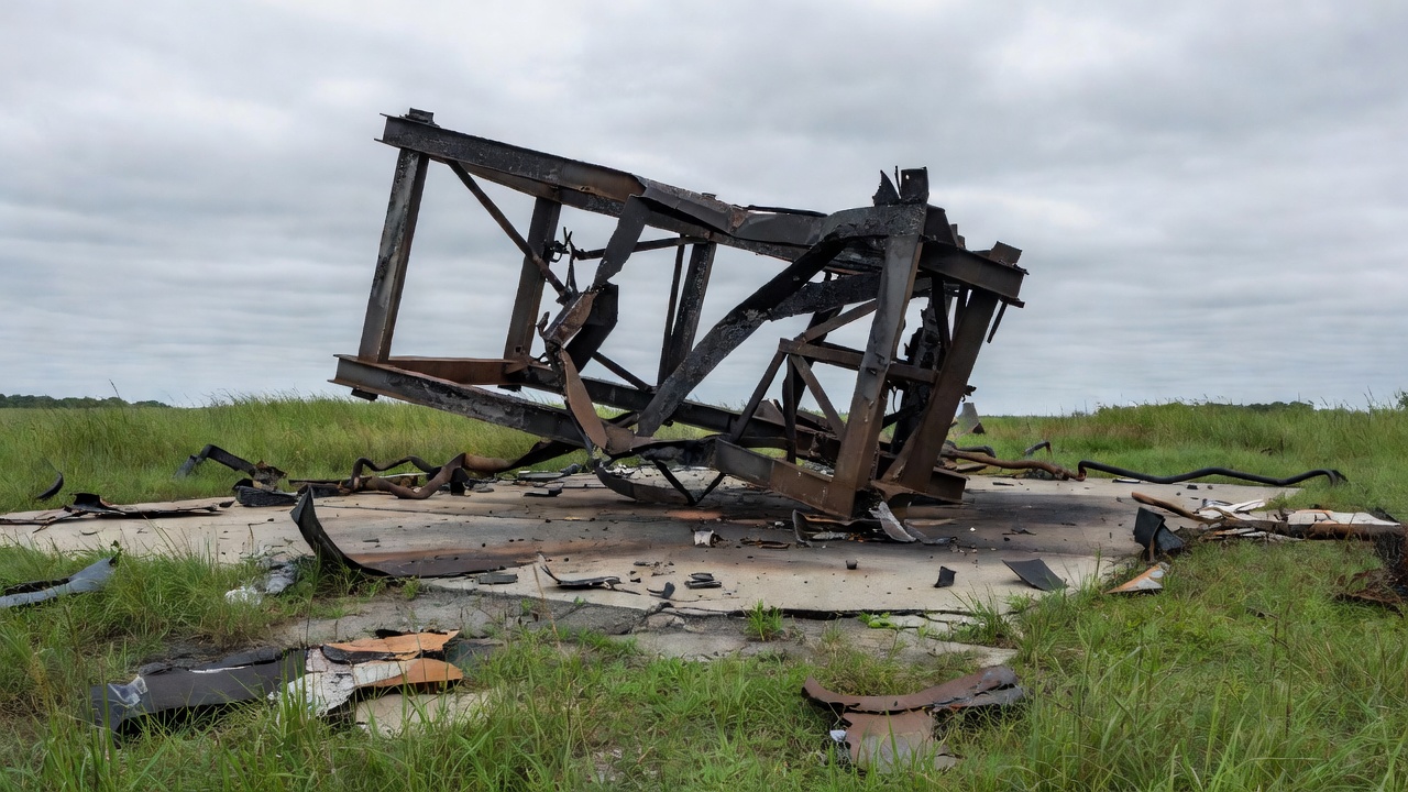 Damaged rocket test facility with debris and smoke in outdoor site