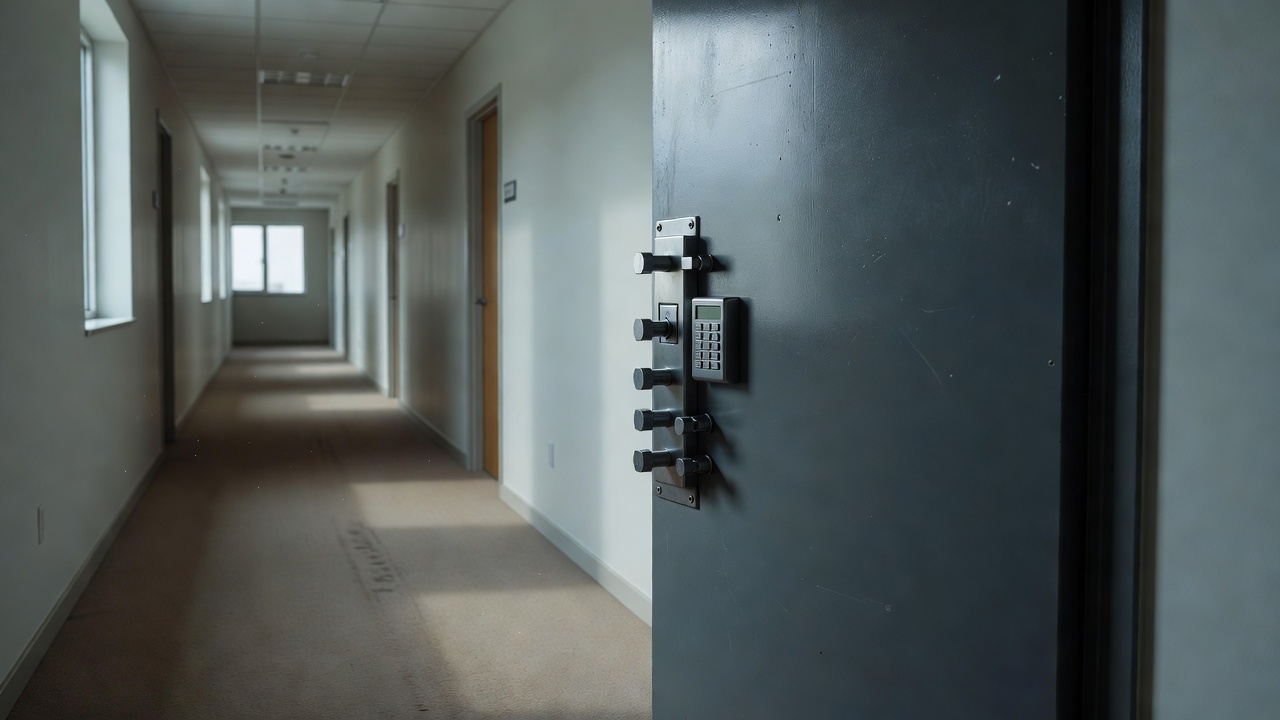 Security personnel inspecting a high-tech server room with biometric scanners