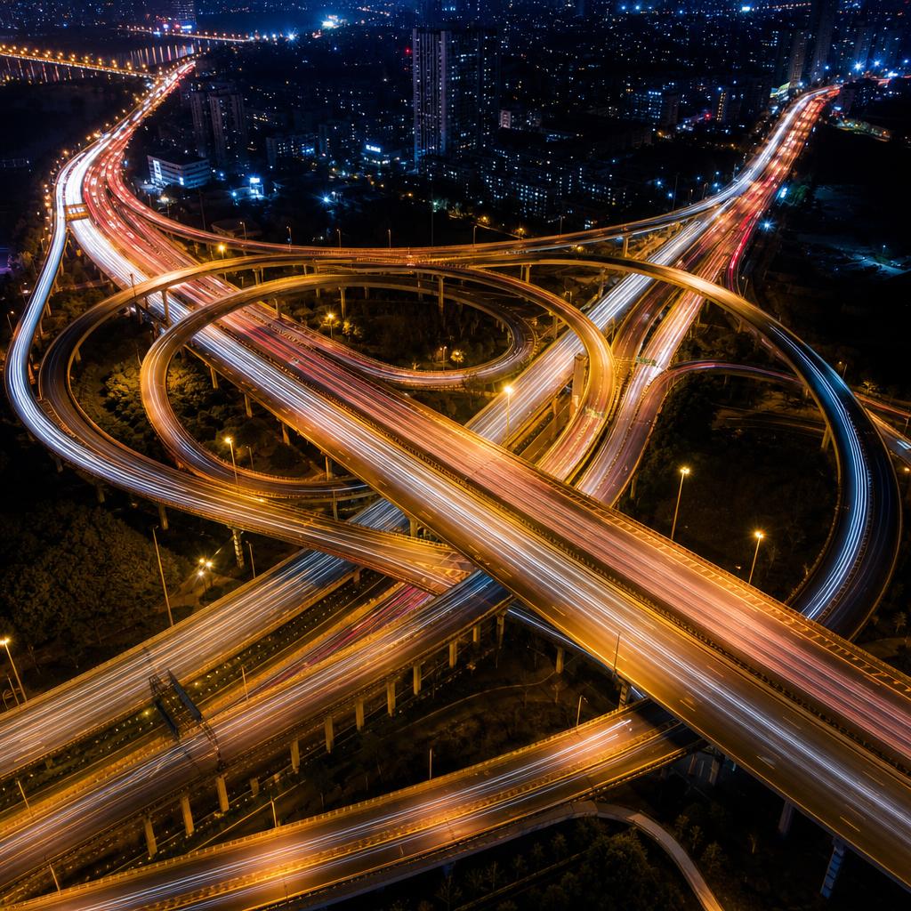 Aerial view of complex motorway interchange at night