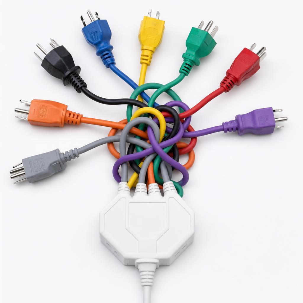 Eight cables tangled into one adapter