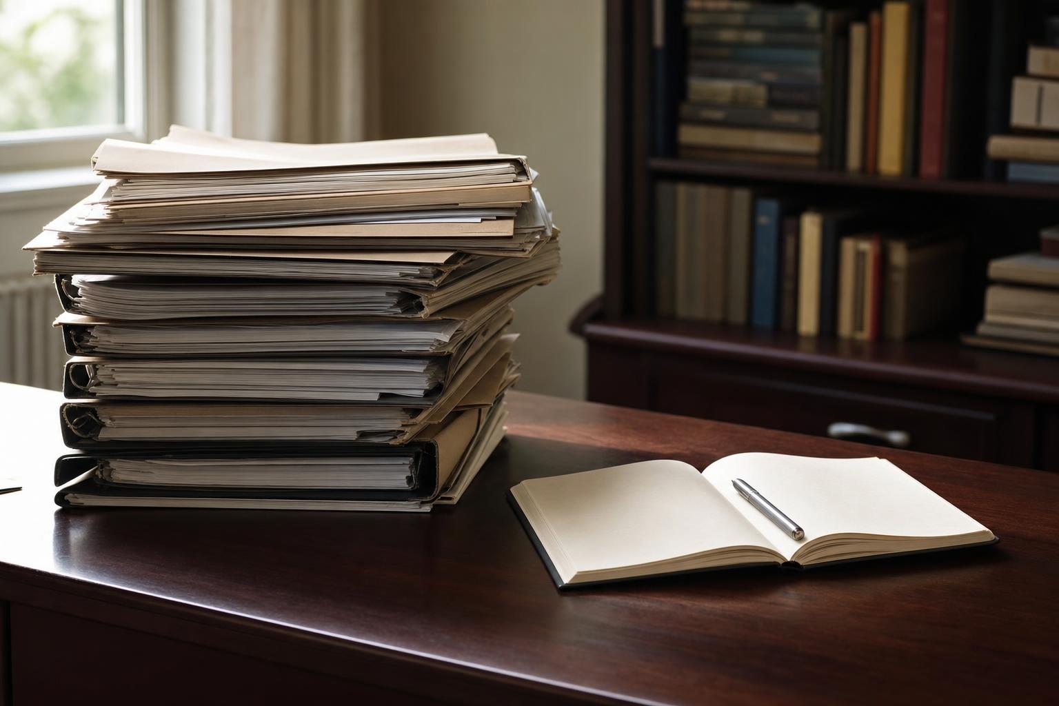 A stack of paper contract folders on a desk next to an open notebook and pen