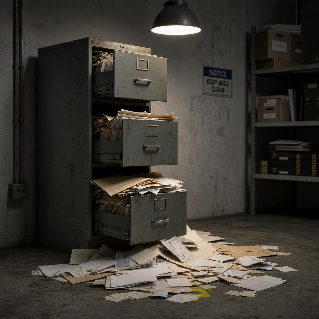 Old filing cabinet with papers spilling out
