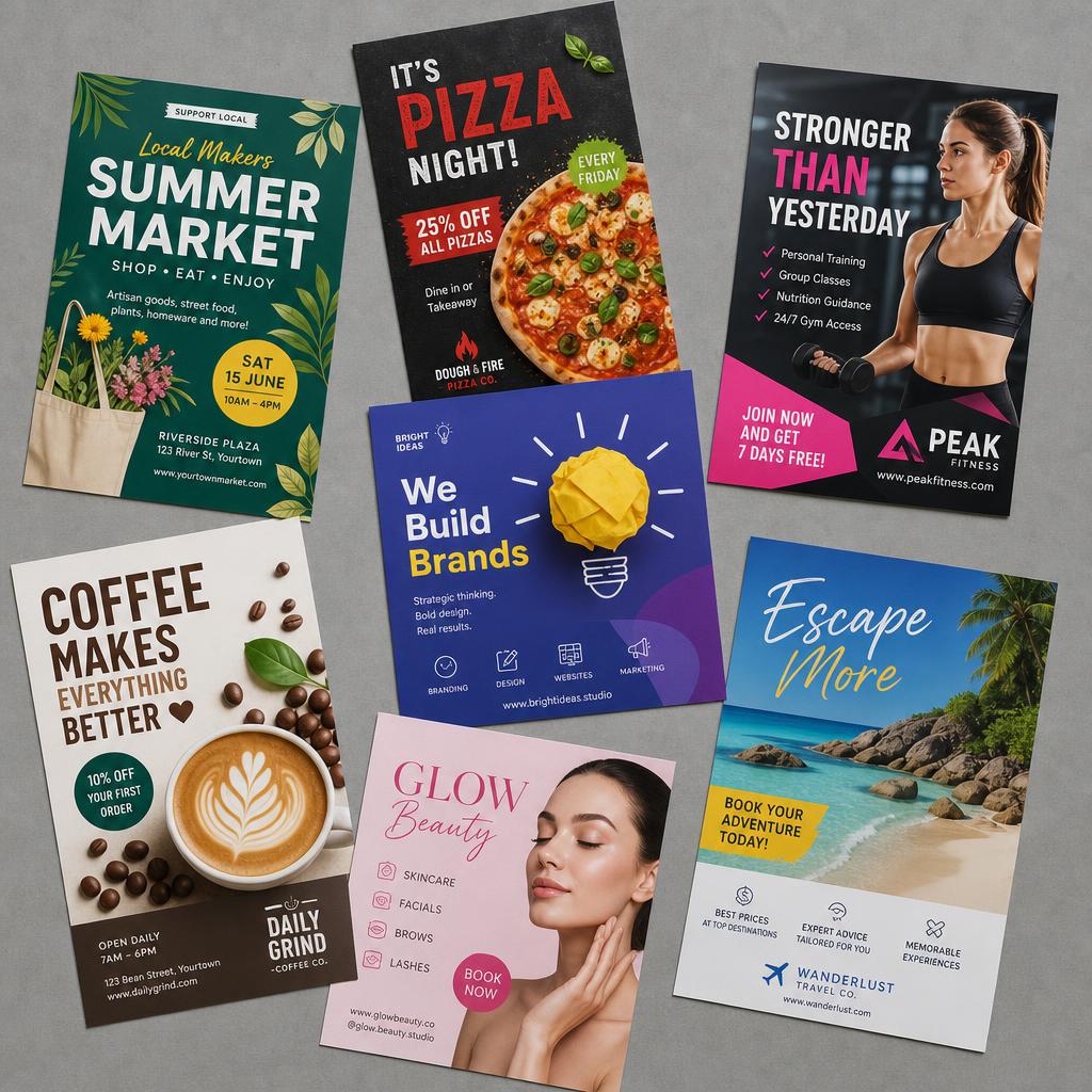 Colourful marketing brochures scattered on surface