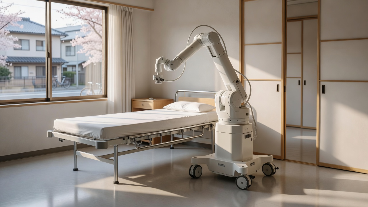 Medical robot assisting elderly patient in a bright hospital room