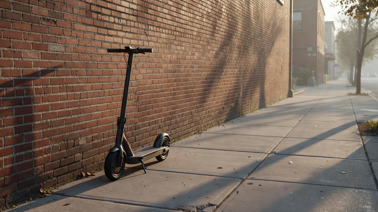 Electric scooter parked outside modern office building on sunny day