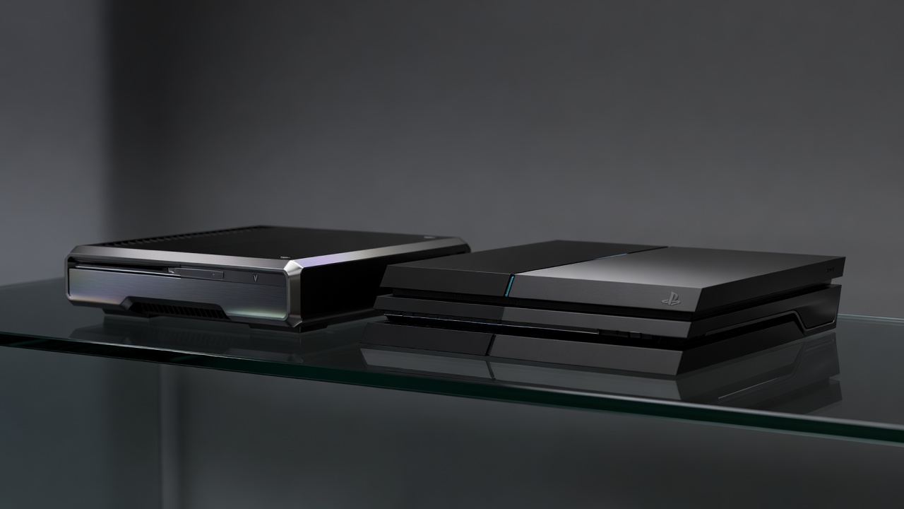 Person holding a Steam Machine console next to a gaming laptop