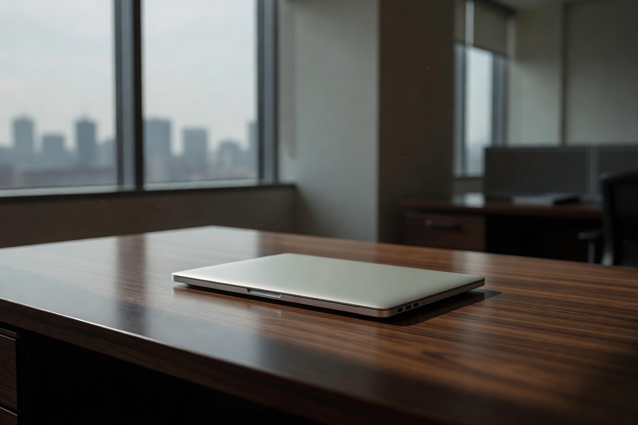 Empty office space with paused employee tracking software on screen