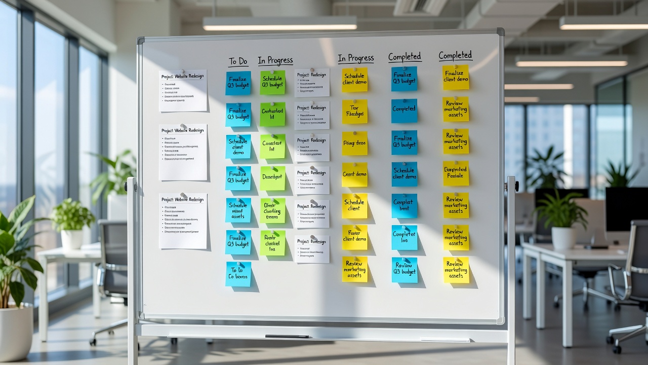 Colourful project management board with task cards, timelines, and status columns on a large monitor