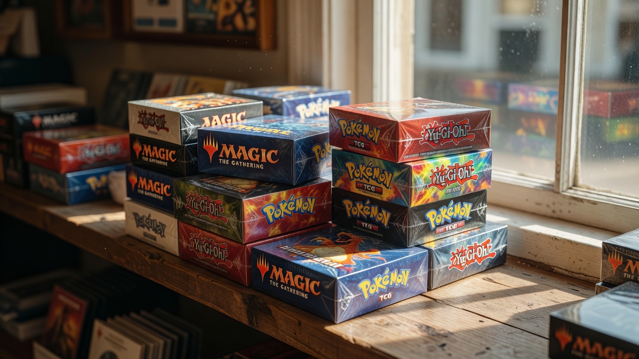 Stack of Pokémon trading card boxes with scattered cards on table