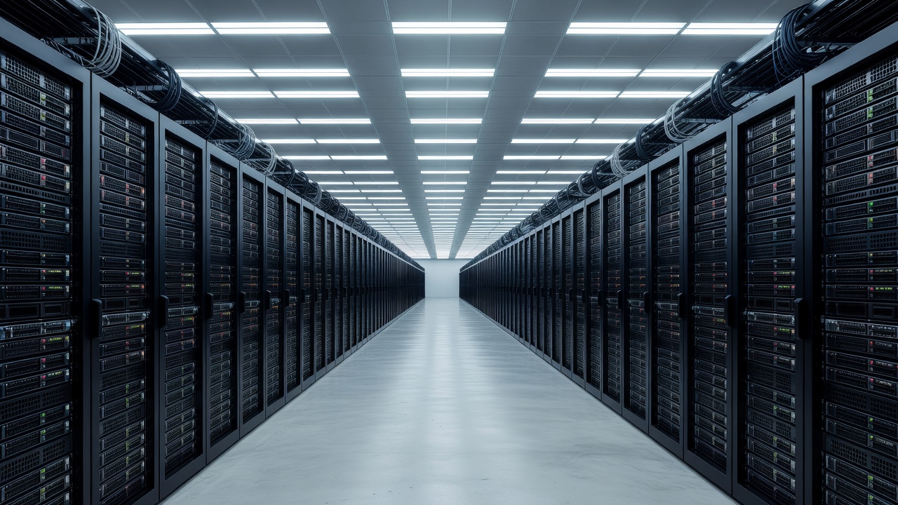 Data center racks with glowing servers and cooling systems in a dark room