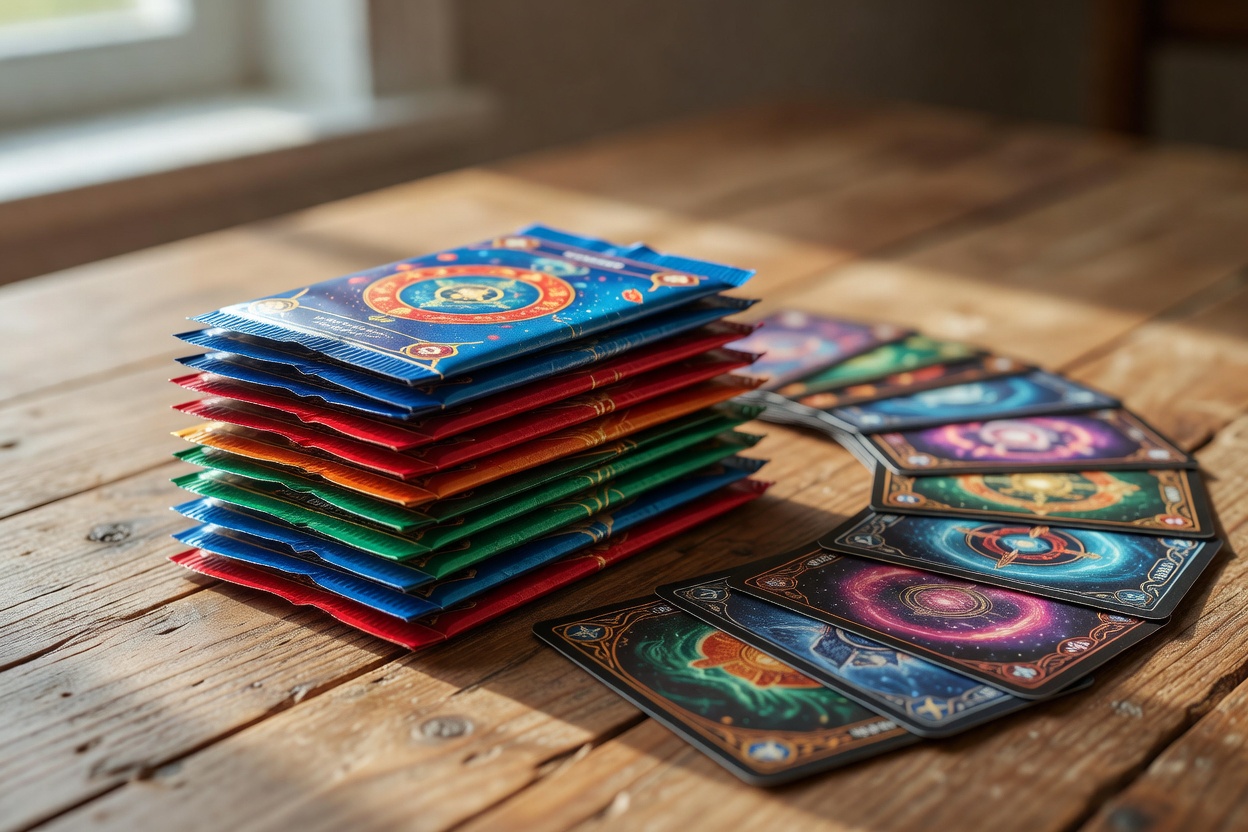 Colorful Pokémon trading cards arranged neatly on a white surface