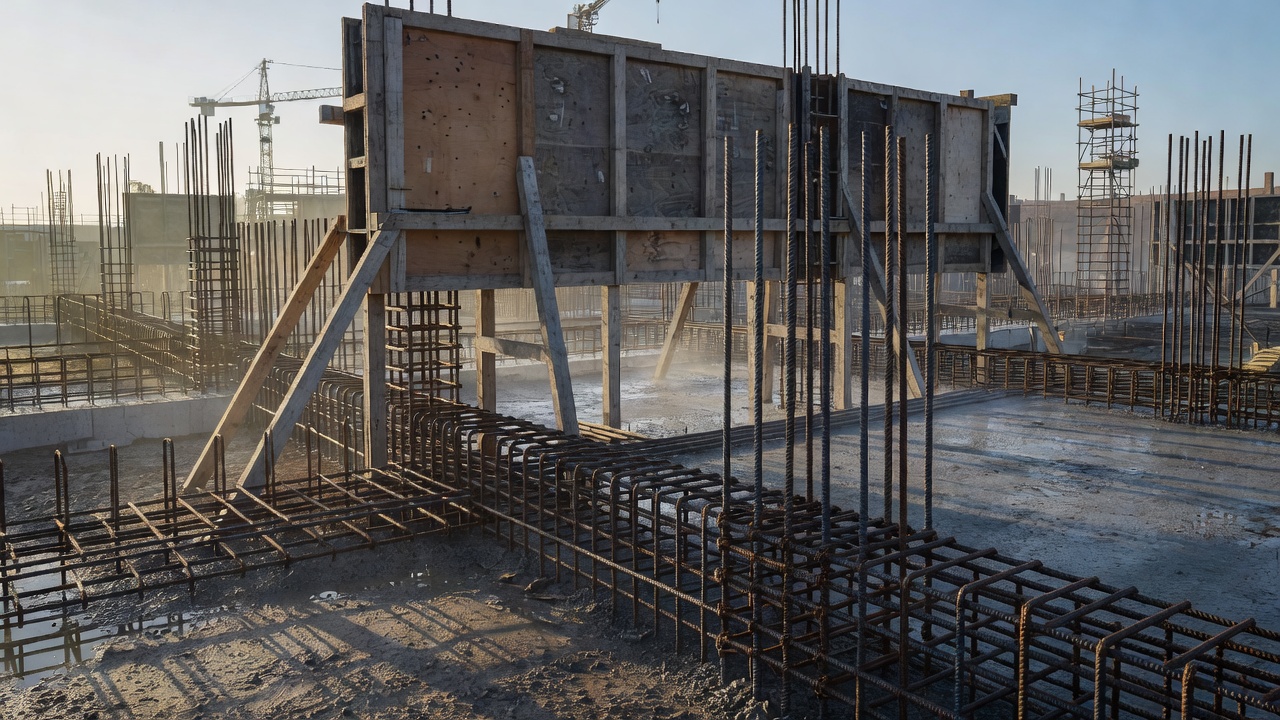 Construction site with structural steel framing against a blue sky, cranes in background