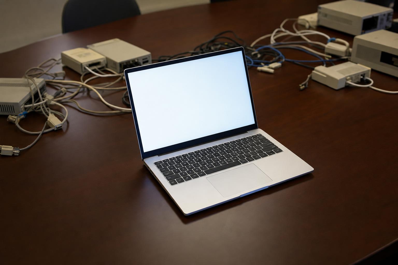 A laptop on a conference table surrounded by legacy hardware, representing the shift from complex enterprise stacks to unified platforms
