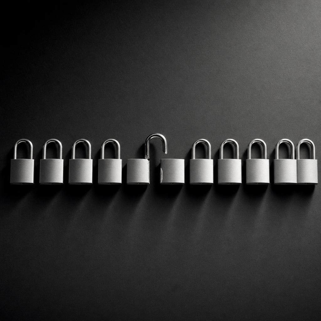 Row of padlocks with one cut open