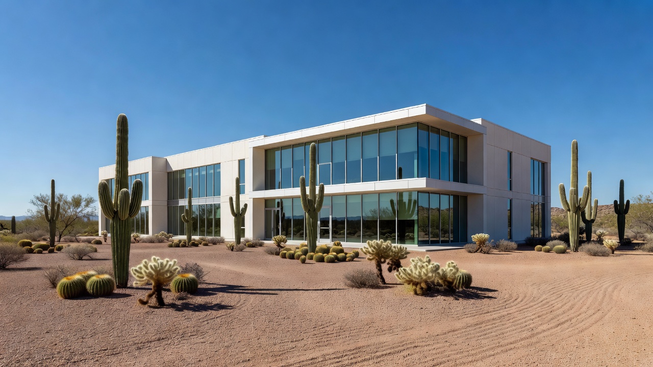 Investor reviewing startup portfolios with Arizona landmarks visible through window