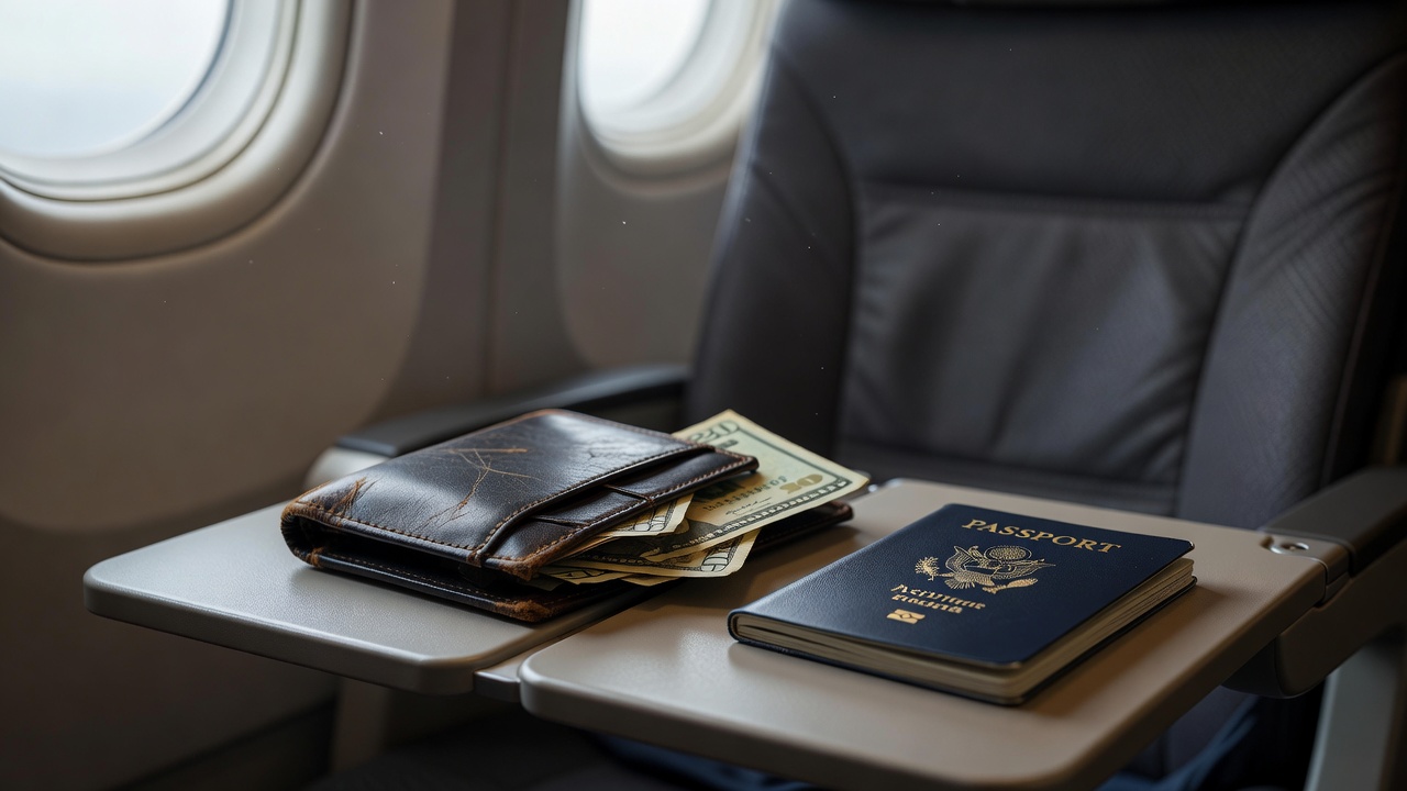 Traveler holding smartphone with flight and hotel booking app open