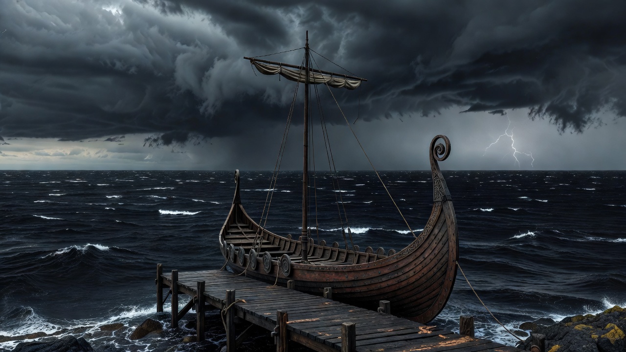 Valheim game ocean scene with boat sailing under cloudy sky