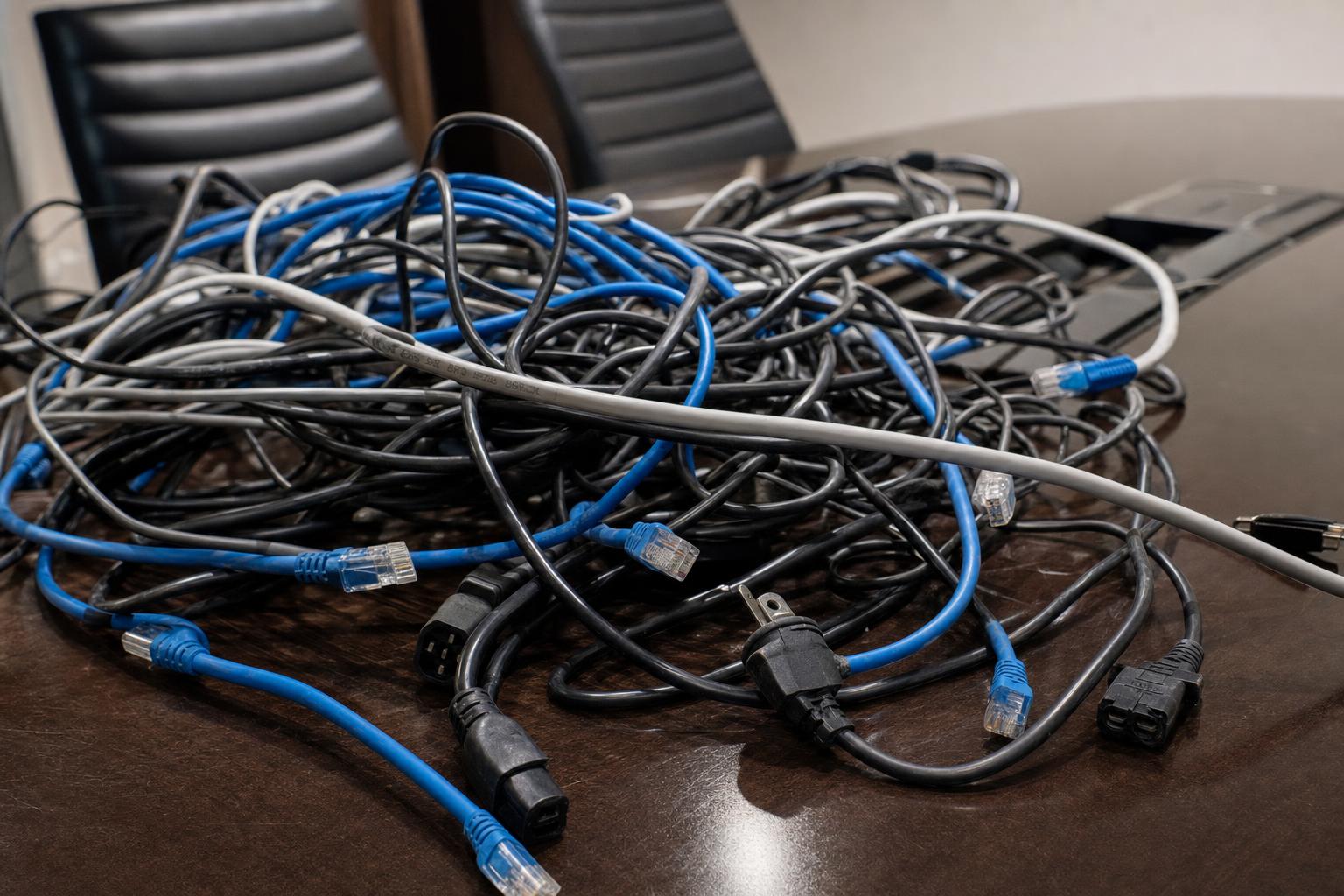 Tangled network cables on a conference table